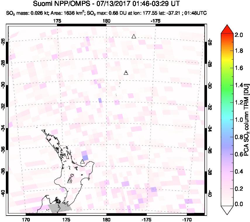 A sulfur dioxide image over New Zealand on Jul 13, 2017.
