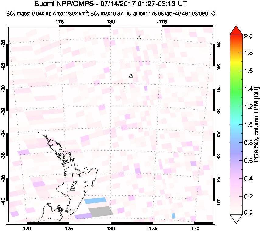 A sulfur dioxide image over New Zealand on Jul 14, 2017.