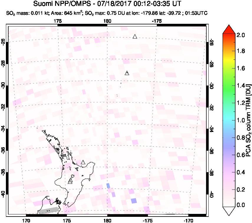 A sulfur dioxide image over New Zealand on Jul 18, 2017.