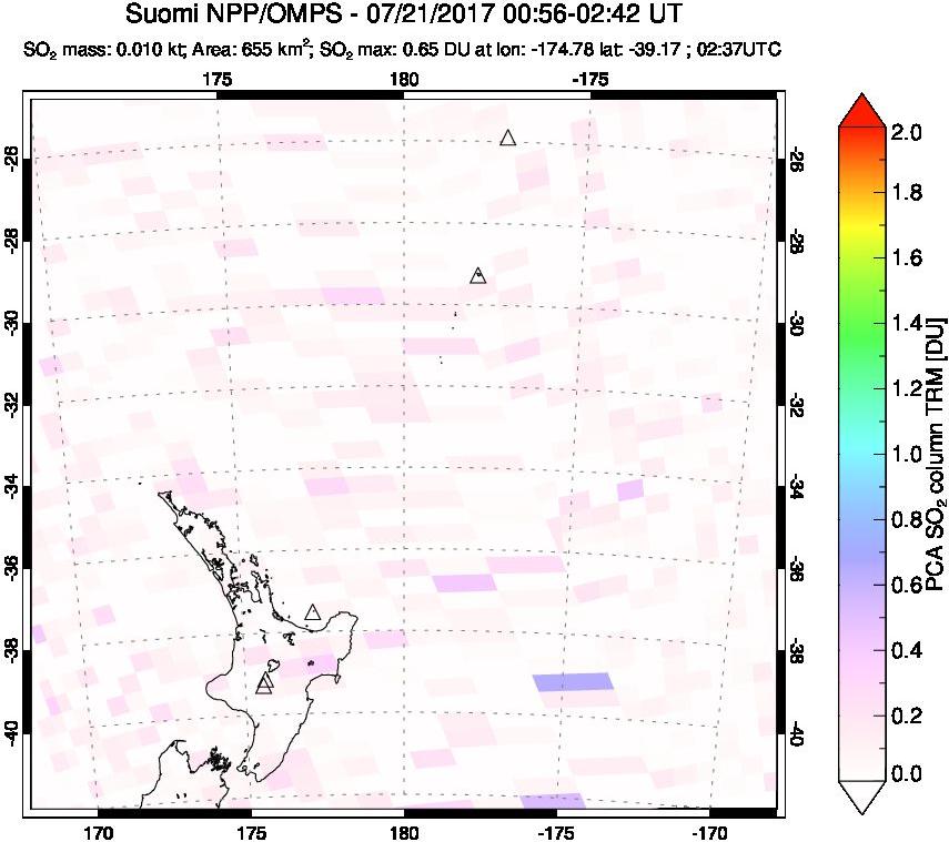 A sulfur dioxide image over New Zealand on Jul 21, 2017.