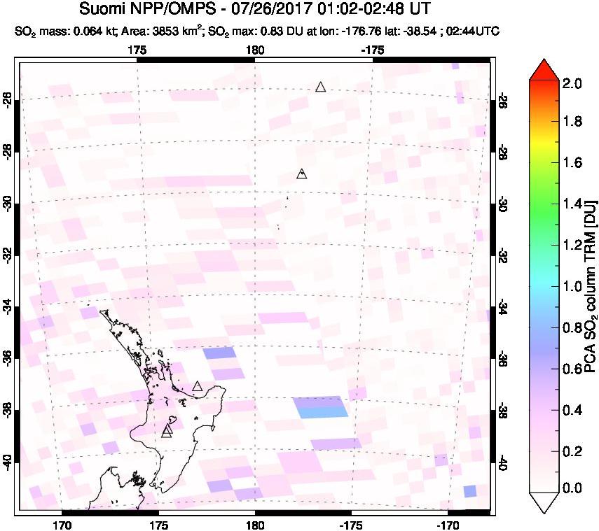 A sulfur dioxide image over New Zealand on Jul 26, 2017.