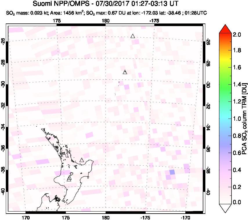 A sulfur dioxide image over New Zealand on Jul 30, 2017.