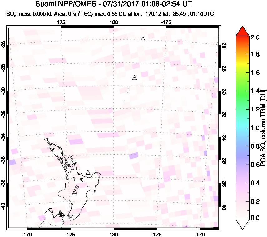 A sulfur dioxide image over New Zealand on Jul 31, 2017.