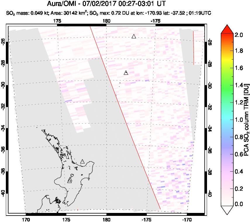 A sulfur dioxide image over New Zealand on Jul 02, 2017.