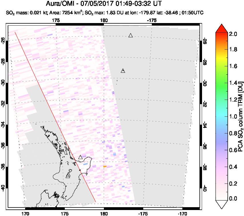 A sulfur dioxide image over New Zealand on Jul 05, 2017.
