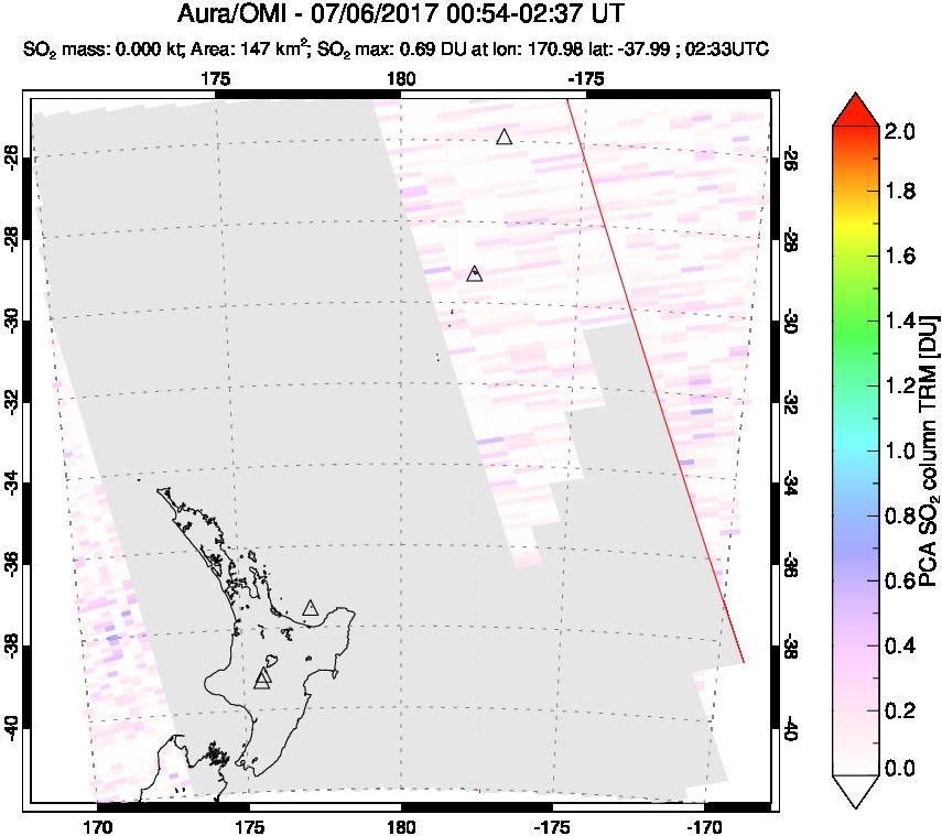 A sulfur dioxide image over New Zealand on Jul 06, 2017.