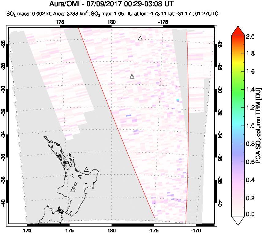 A sulfur dioxide image over New Zealand on Jul 09, 2017.