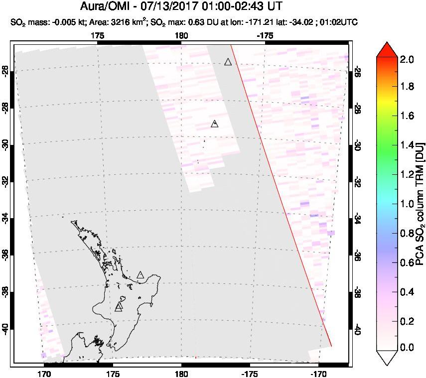 A sulfur dioxide image over New Zealand on Jul 13, 2017.