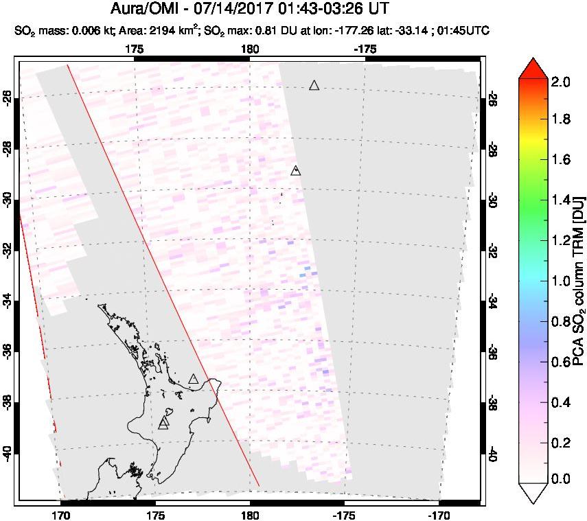 A sulfur dioxide image over New Zealand on Jul 14, 2017.
