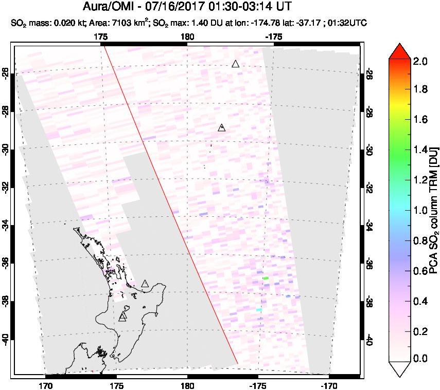 A sulfur dioxide image over New Zealand on Jul 16, 2017.