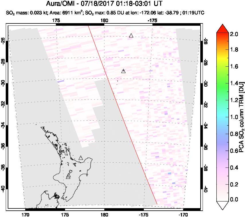 A sulfur dioxide image over New Zealand on Jul 18, 2017.