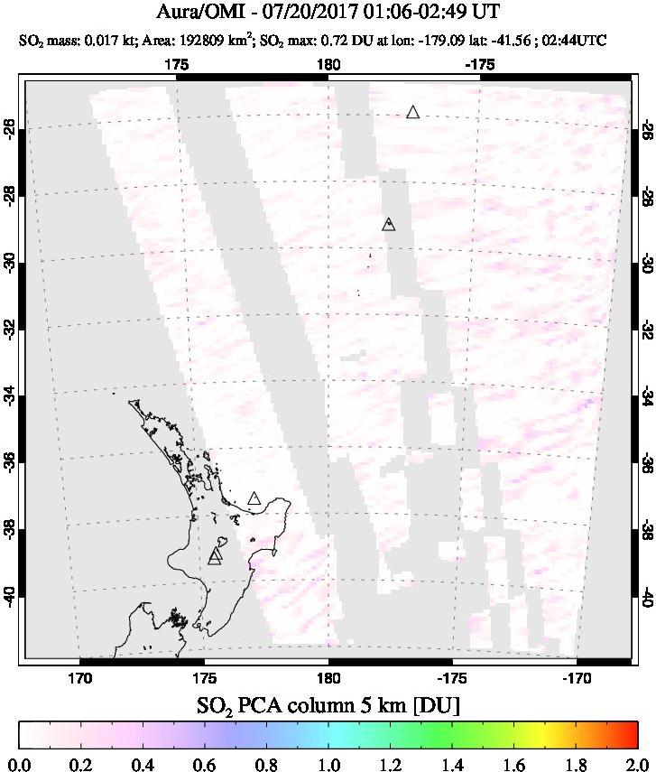 A sulfur dioxide image over New Zealand on Jul 20, 2017.