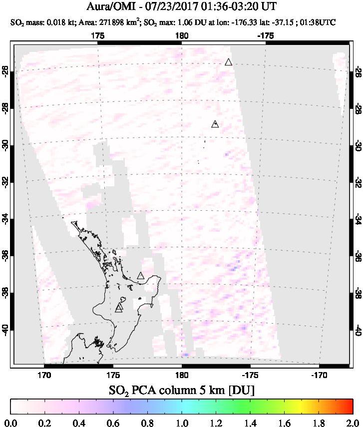 A sulfur dioxide image over New Zealand on Jul 23, 2017.