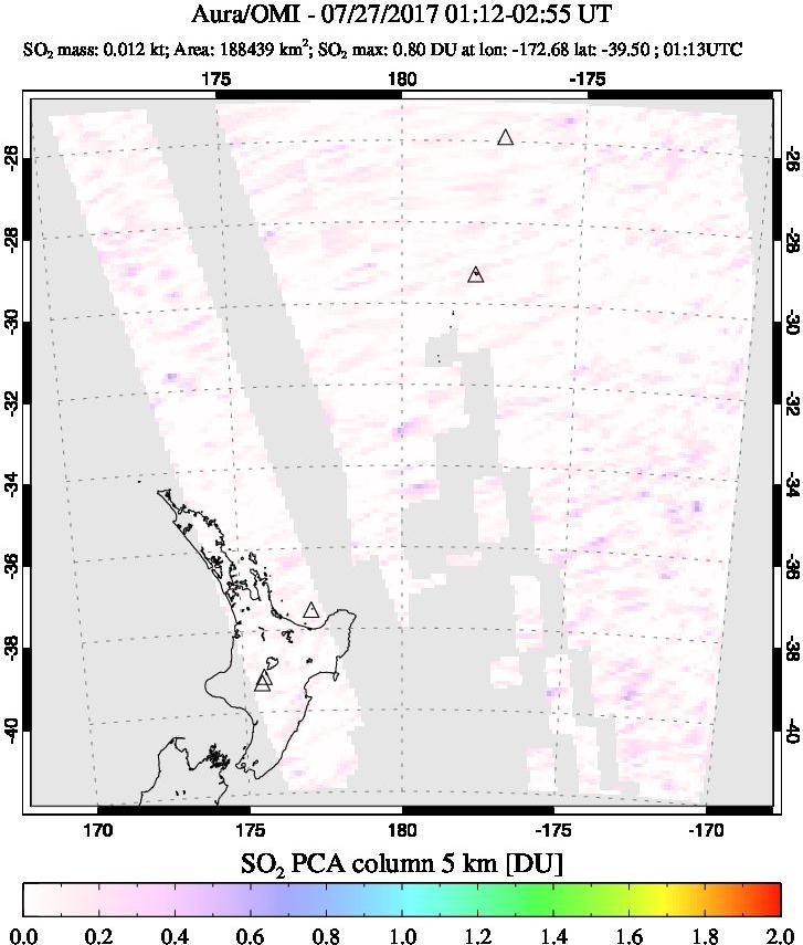 A sulfur dioxide image over New Zealand on Jul 27, 2017.