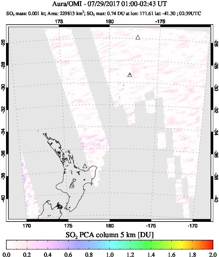 A sulfur dioxide image over New Zealand on Jul 29, 2017.