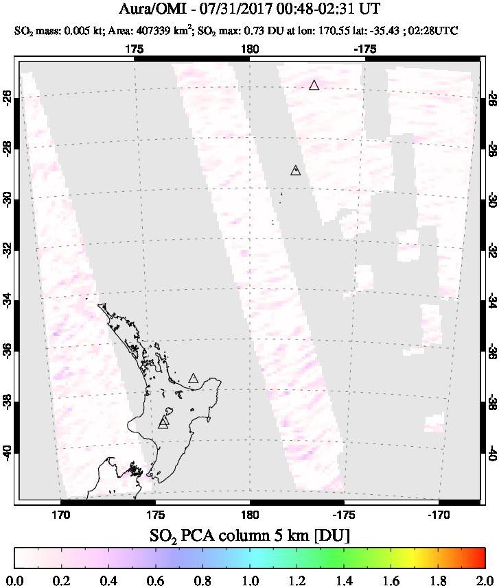A sulfur dioxide image over New Zealand on Jul 31, 2017.