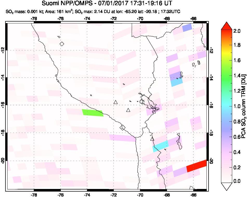 A sulfur dioxide image over Peru on Jul 01, 2017.