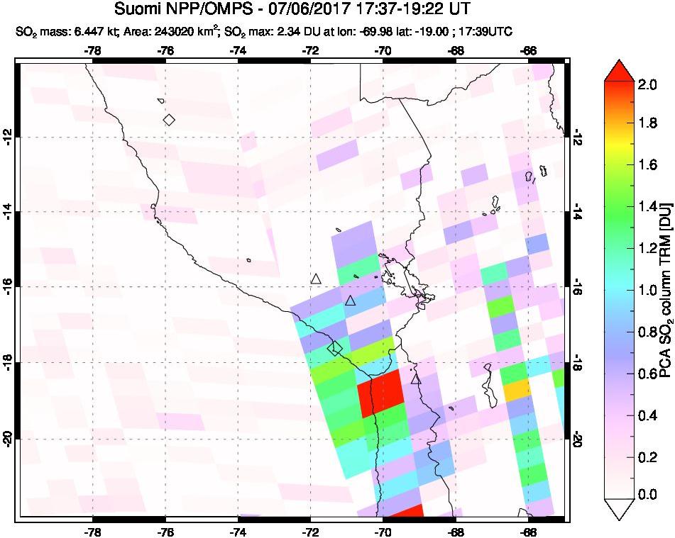 A sulfur dioxide image over Peru on Jul 06, 2017.