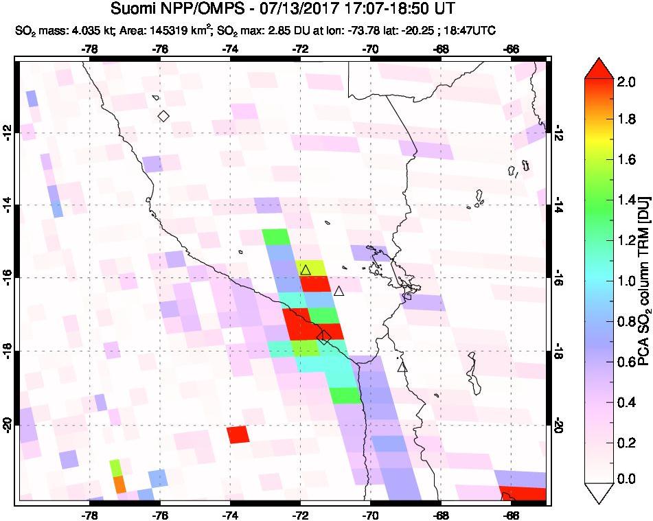 A sulfur dioxide image over Peru on Jul 13, 2017.