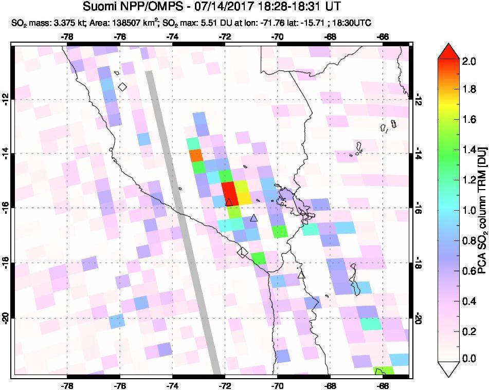 A sulfur dioxide image over Peru on Jul 14, 2017.