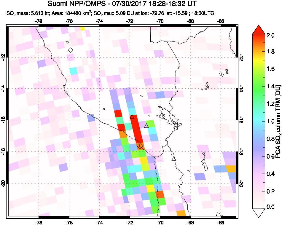 A sulfur dioxide image over Peru on Jul 30, 2017.