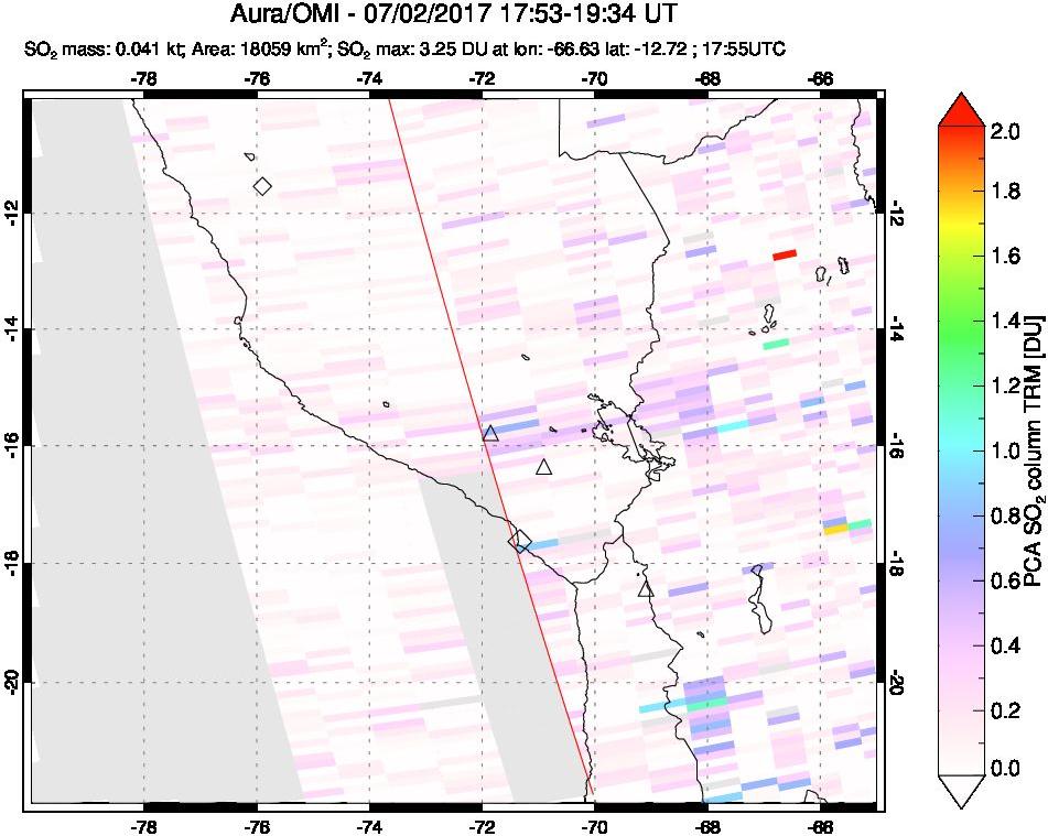 A sulfur dioxide image over Peru on Jul 02, 2017.