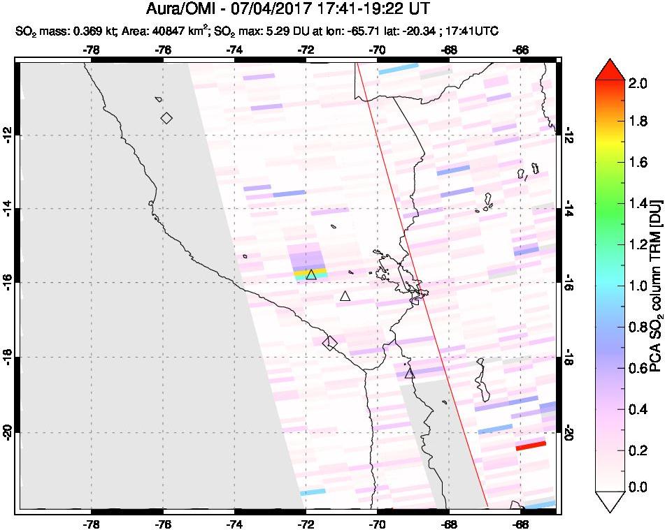 A sulfur dioxide image over Peru on Jul 04, 2017.