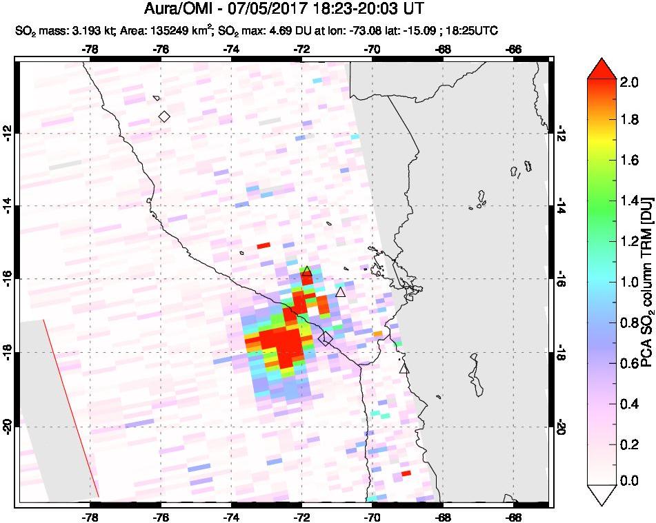 A sulfur dioxide image over Peru on Jul 05, 2017.