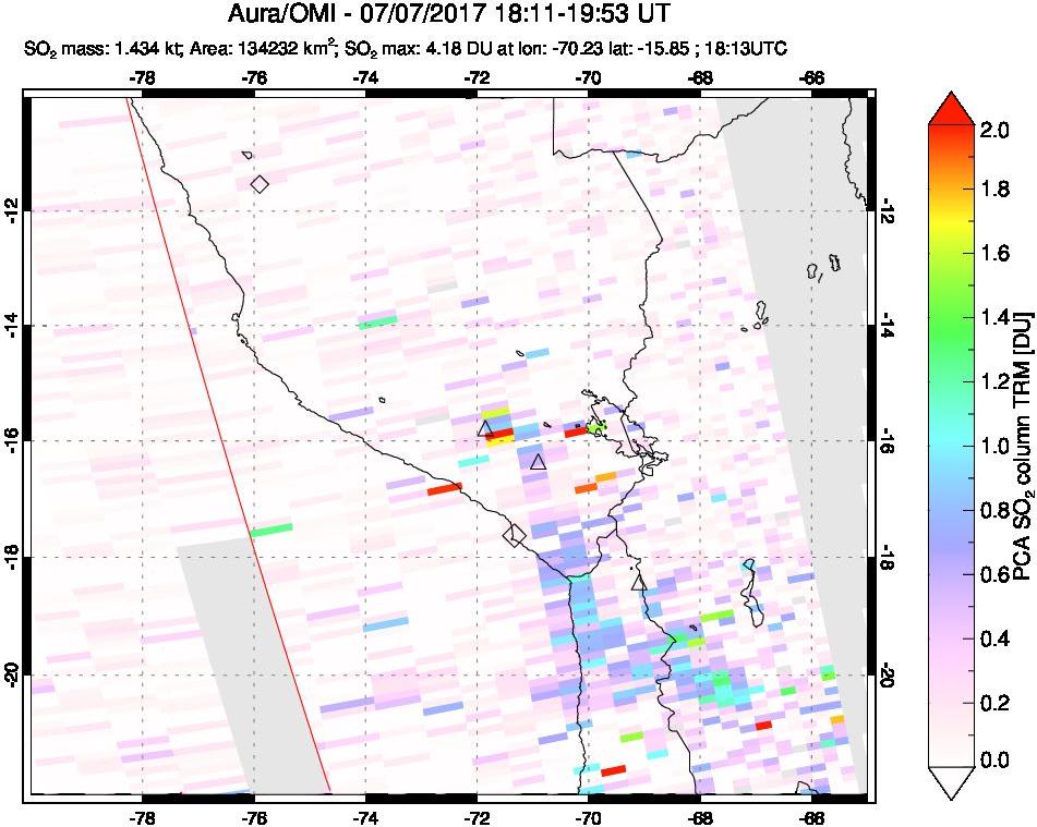 A sulfur dioxide image over Peru on Jul 07, 2017.