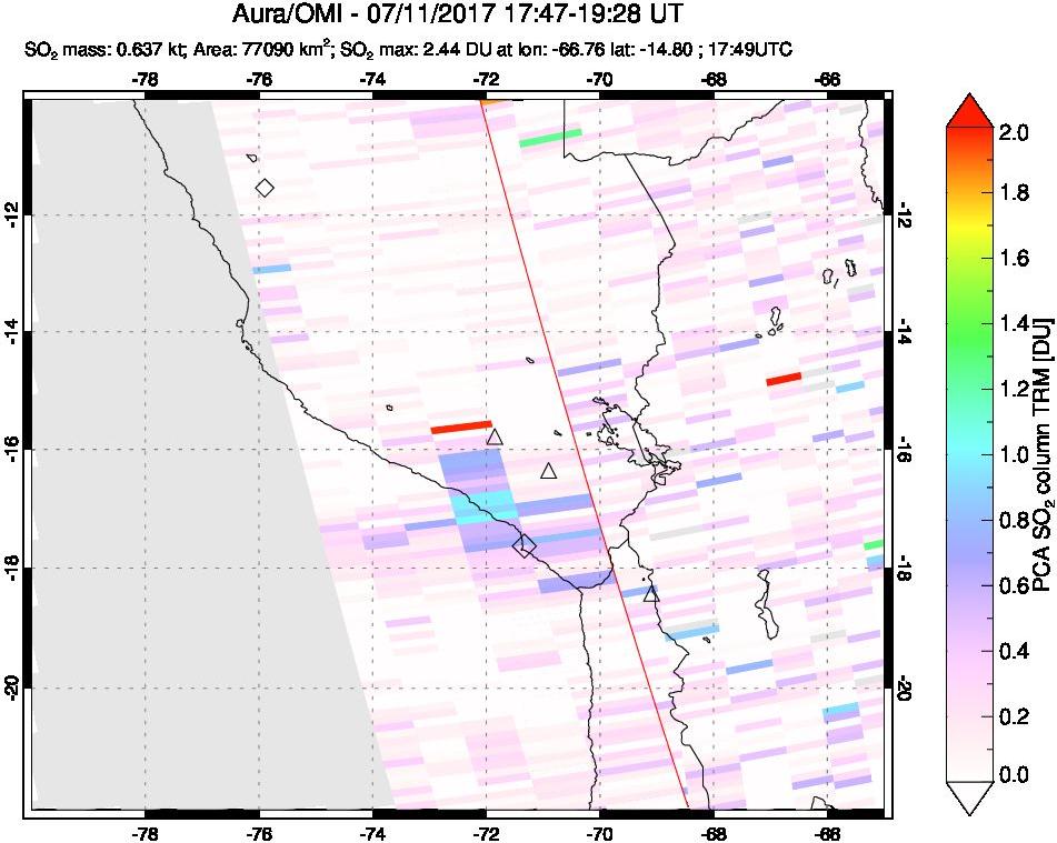 A sulfur dioxide image over Peru on Jul 11, 2017.