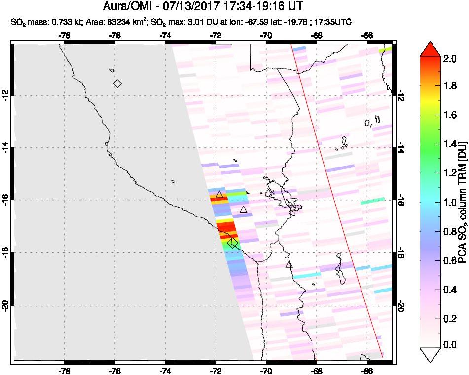 A sulfur dioxide image over Peru on Jul 13, 2017.