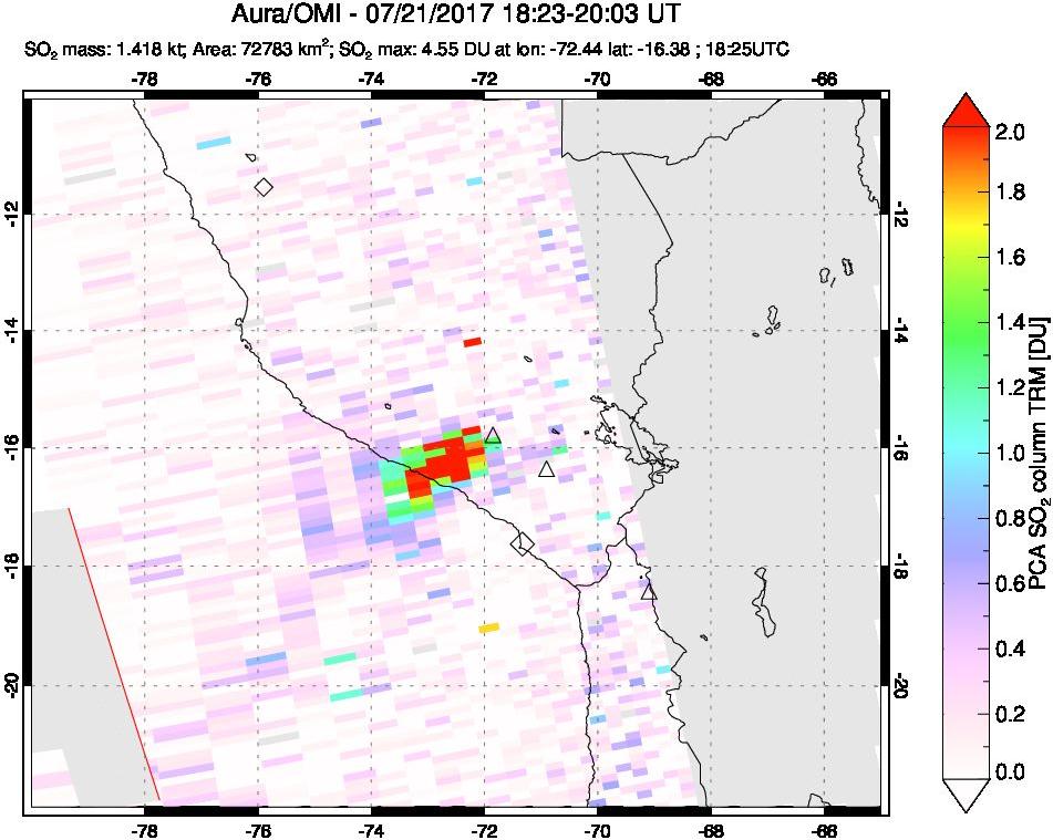 A sulfur dioxide image over Peru on Jul 21, 2017.