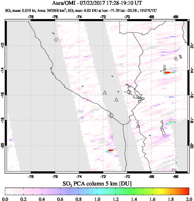 A sulfur dioxide image over Peru on Jul 22, 2017.