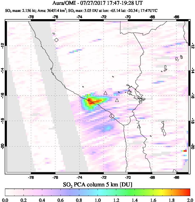 A sulfur dioxide image over Peru on Jul 27, 2017.