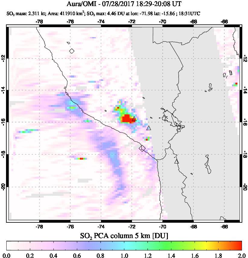 A sulfur dioxide image over Peru on Jul 28, 2017.