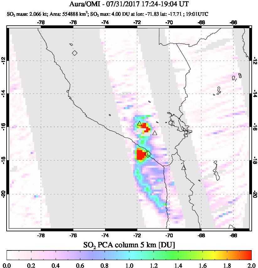 A sulfur dioxide image over Peru on Jul 31, 2017.
