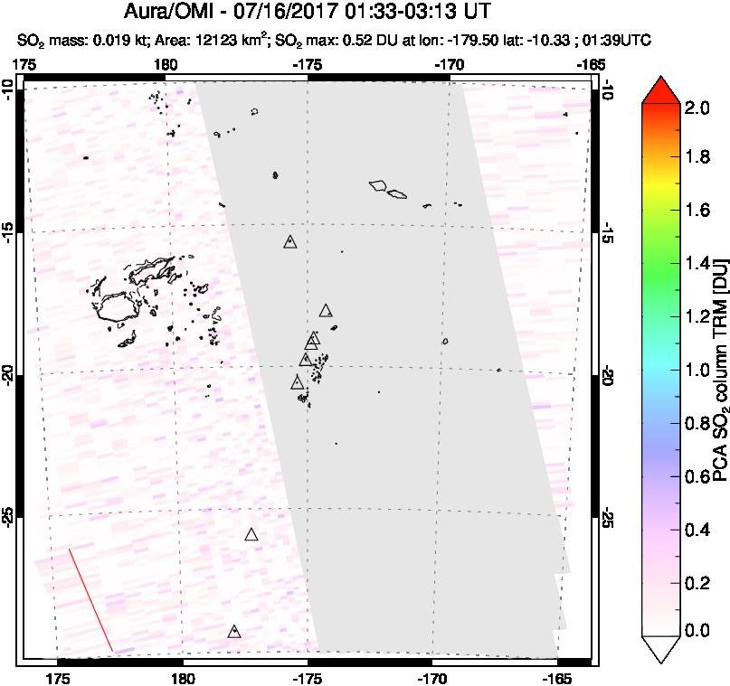 A sulfur dioxide image over Tonga, South Pacific on Jul 16, 2017.