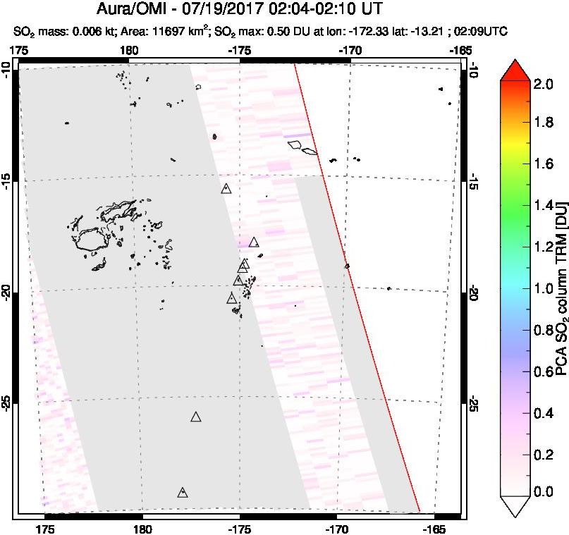 A sulfur dioxide image over Tonga, South Pacific on Jul 19, 2017.