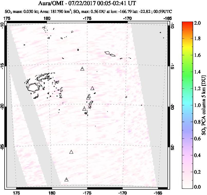 A sulfur dioxide image over Tonga, South Pacific on Jul 22, 2017.