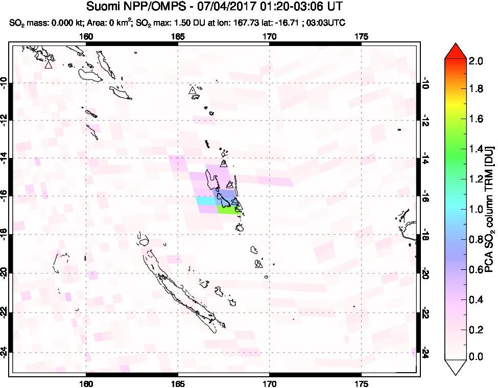 A sulfur dioxide image over Vanuatu, South Pacific on Jul 04, 2017.