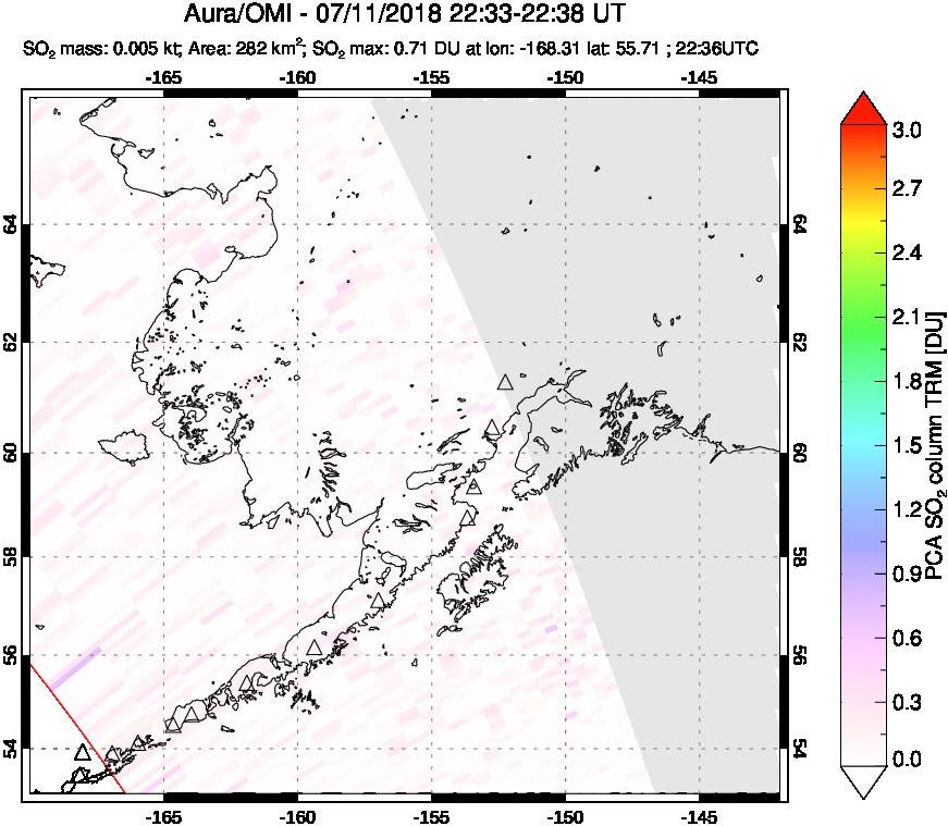 A sulfur dioxide image over Alaska, USA on Jul 11, 2018.