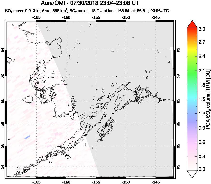 A sulfur dioxide image over Alaska, USA on Jul 30, 2018.