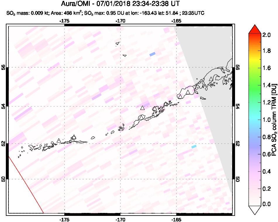 A sulfur dioxide image over Aleutian Islands, Alaska, USA on Jul 01, 2018.