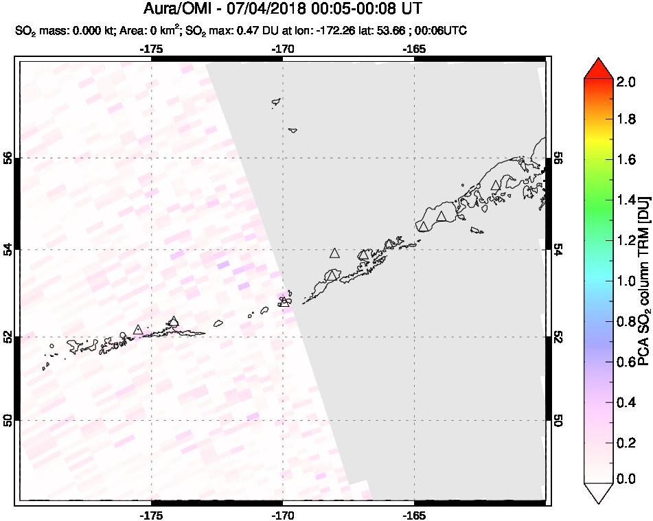 A sulfur dioxide image over Aleutian Islands, Alaska, USA on Jul 04, 2018.