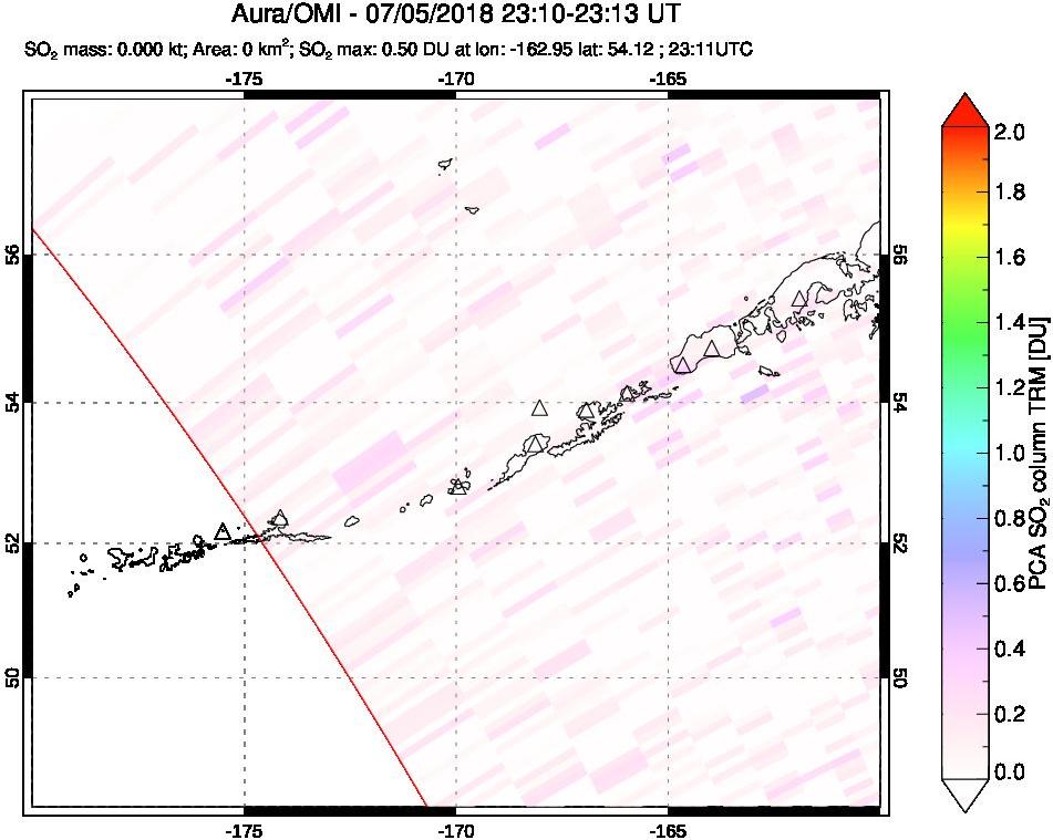 A sulfur dioxide image over Aleutian Islands, Alaska, USA on Jul 05, 2018.