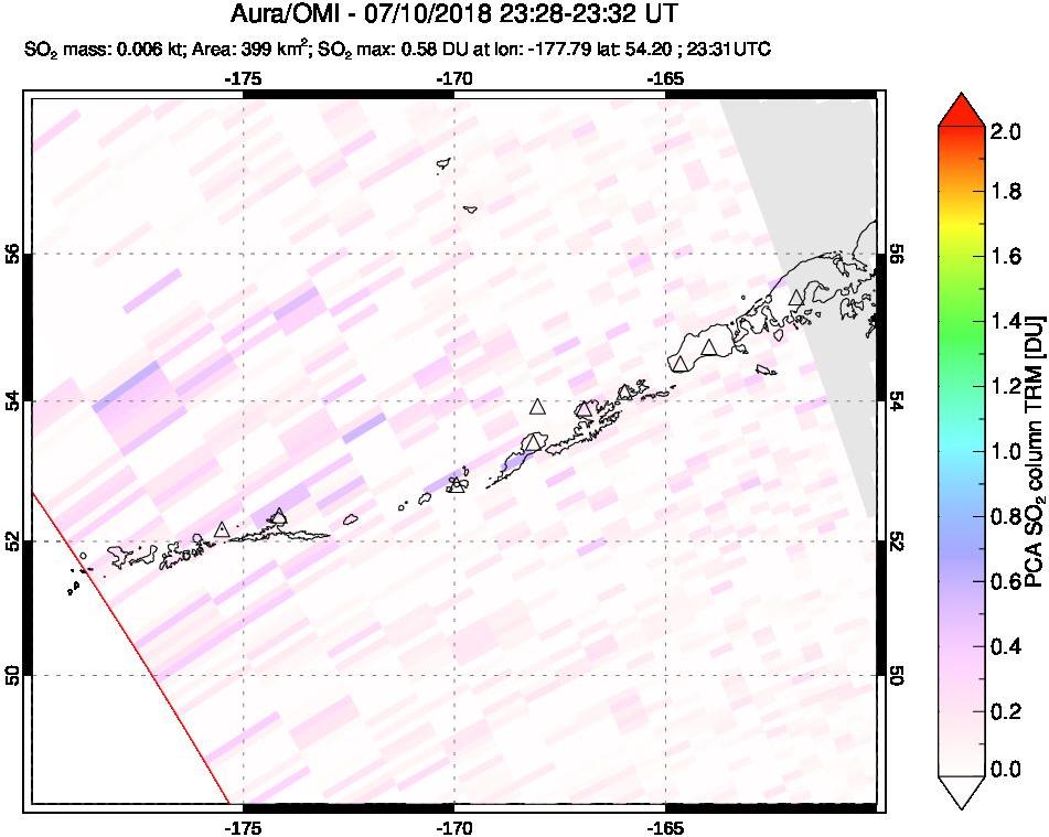 A sulfur dioxide image over Aleutian Islands, Alaska, USA on Jul 10, 2018.