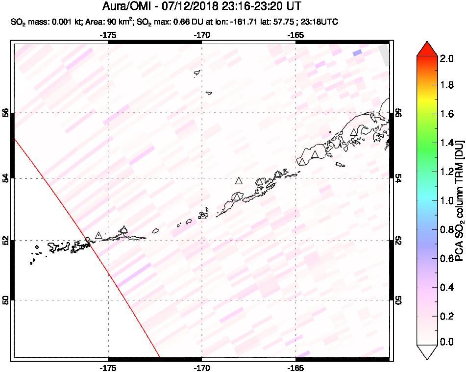 A sulfur dioxide image over Aleutian Islands, Alaska, USA on Jul 12, 2018.