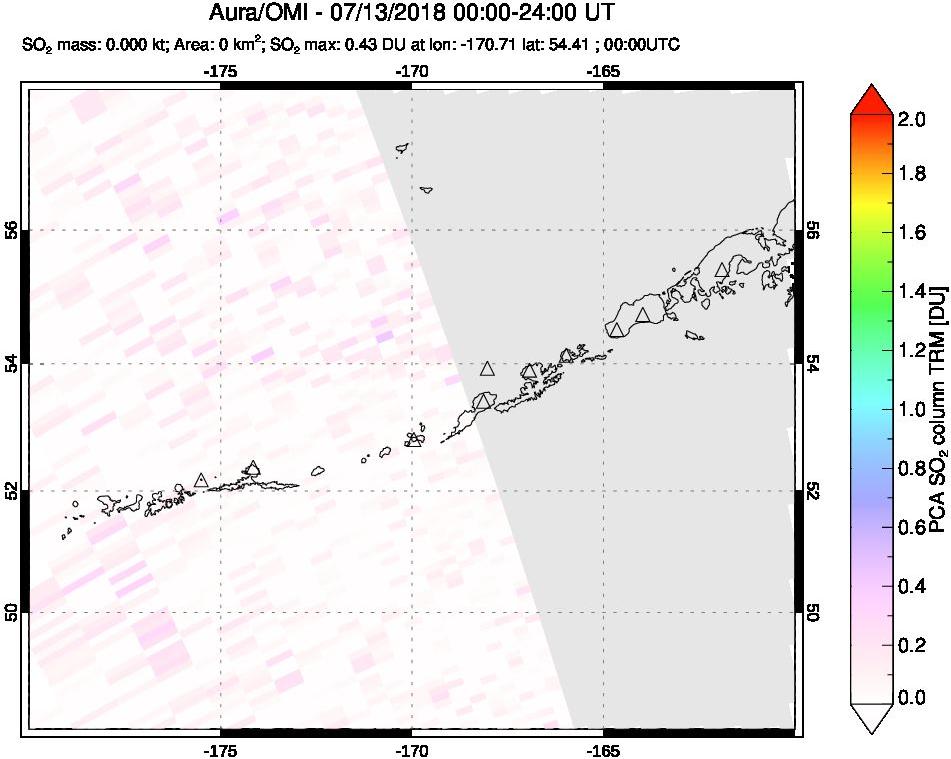 A sulfur dioxide image over Aleutian Islands, Alaska, USA on Jul 13, 2018.