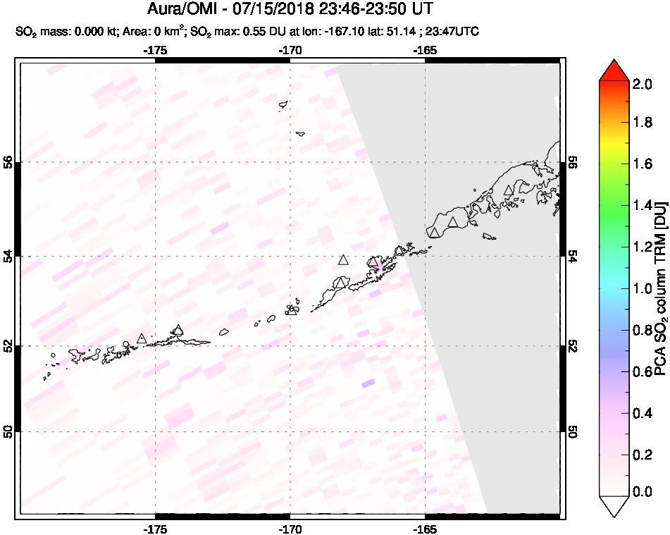 A sulfur dioxide image over Aleutian Islands, Alaska, USA on Jul 15, 2018.