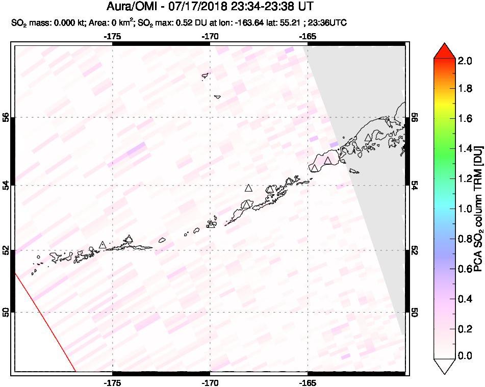 A sulfur dioxide image over Aleutian Islands, Alaska, USA on Jul 17, 2018.